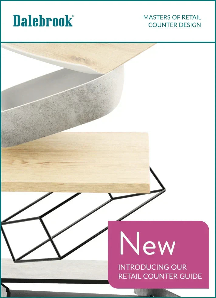 Dalebrook Retail Counter Design Guide cover featuring stacked counter elements in wood, stone, and metal, highlighting material craftsmanship.