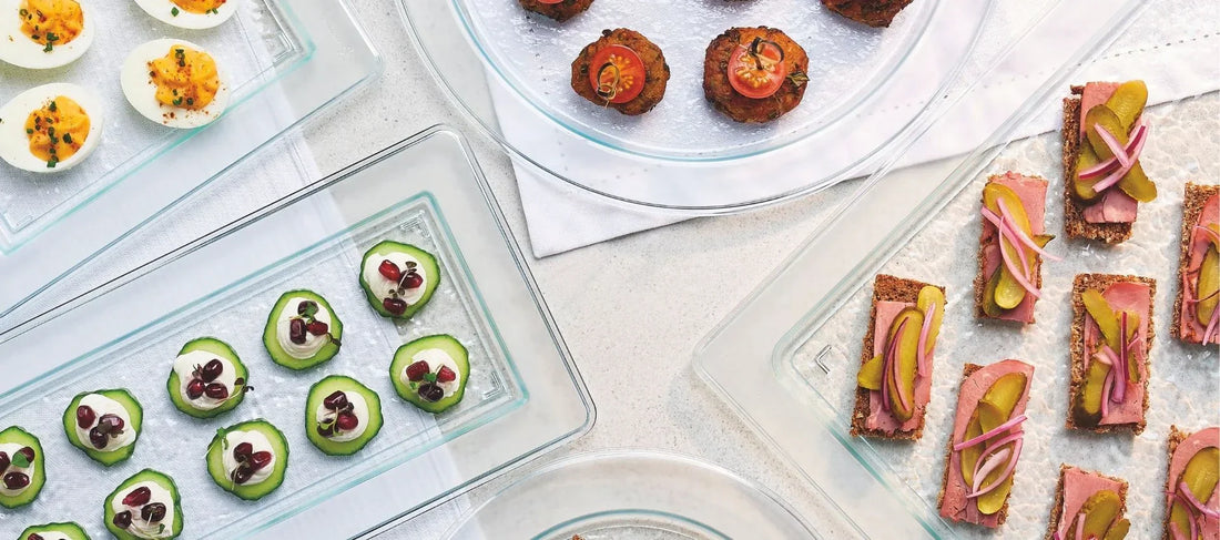 An elegant selection of canapés presented on Dalebrook’s Glazz trays, capturing the shine, clarity, and premium finish of glass-effect serveware.