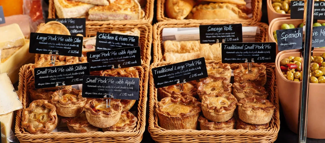 Festive deli counter display featuring pork pies, quiches, sausage rolls and olives arranged in stylish trays, showcasing premium Christmas deli counter design.