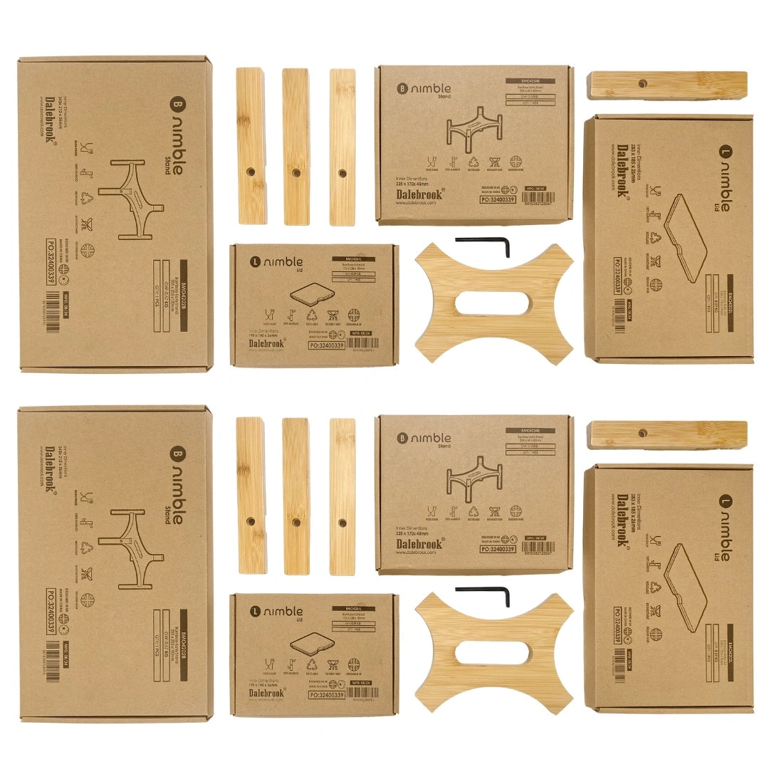 Flat lay of Dalebrook packaging boxes and bamboo stand components showing product and packaging breakdown