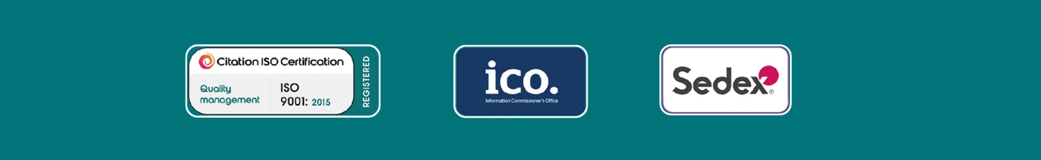 Three certification logos on a teal background