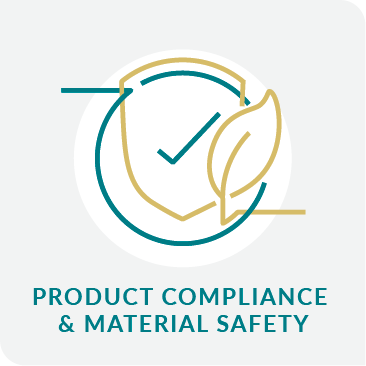 Logo with a shield and checkmark, symbolizing product compliance and material safety on a light gray background.
