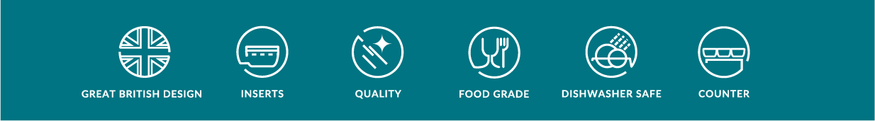 Set of icons with text on a teal background explain the benefits of using Dalebrook products in your supermarket counter displays.