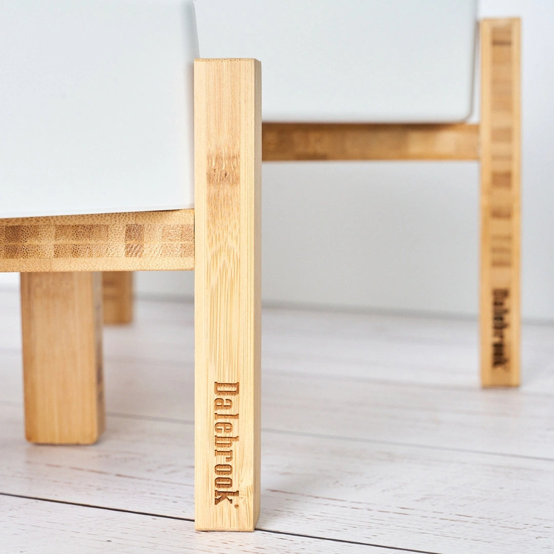 Bamboo display stand with Dalebrook branding, showcasing natural wood grain and sturdy construction