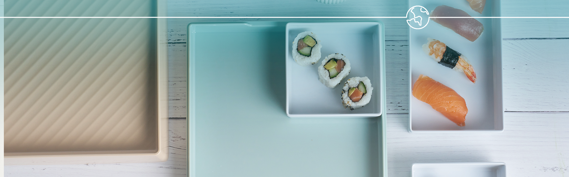 Sushi rolls in a white box on a light blue background