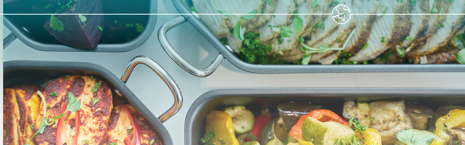 Three compartments of a food container with different types of food.