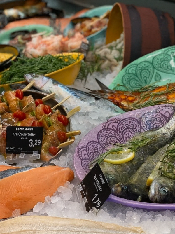 A seafood display on a supermarket counter with fish on ice, skewered lachmacs with red peppers, a purple plate of mussels with lemon and herbs, and other seafood in the background.