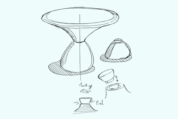 A hand-drawn technical sketch of a bowl or cup with multiple views, including a main perspective, a side profile, and assembly details, on a pale blue background.