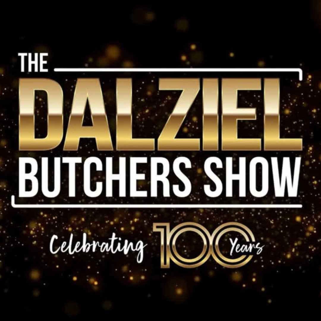 Promotional graphic for 'The Dalziel Butchers Show' celebrating 100 years, featuring bold gold and white text on a black background with gold bokeh light effects.